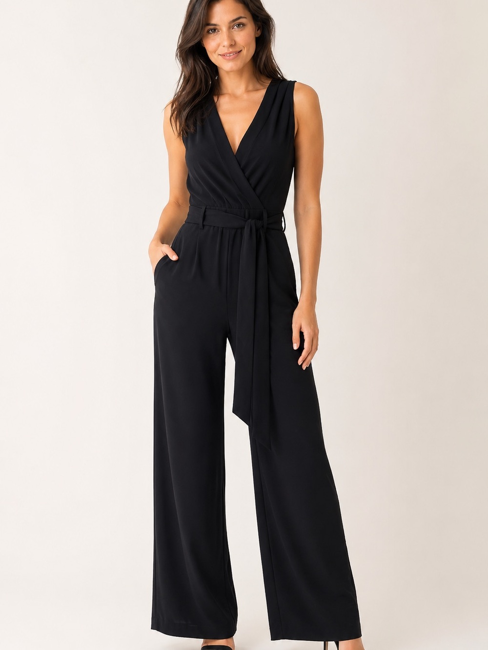 Premier Black Sleeveless Wrap Jumpsuit with Waist Tie